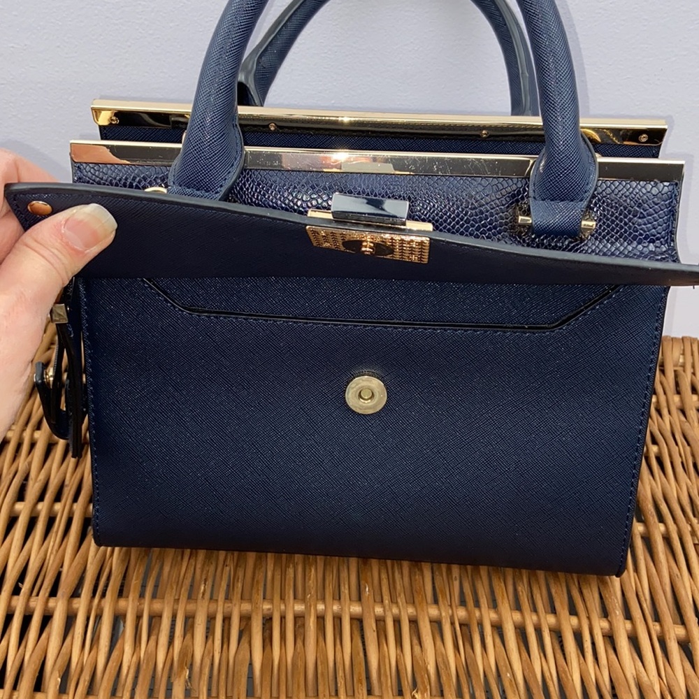 Dune London Textured Navy Blue With Gold Hardware Handbag Crossbody Purse - Picture 7 of 13
